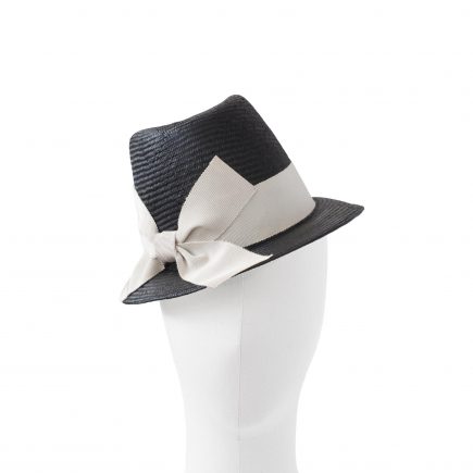 TRILBY hat in white parasisol straw with black ribbon